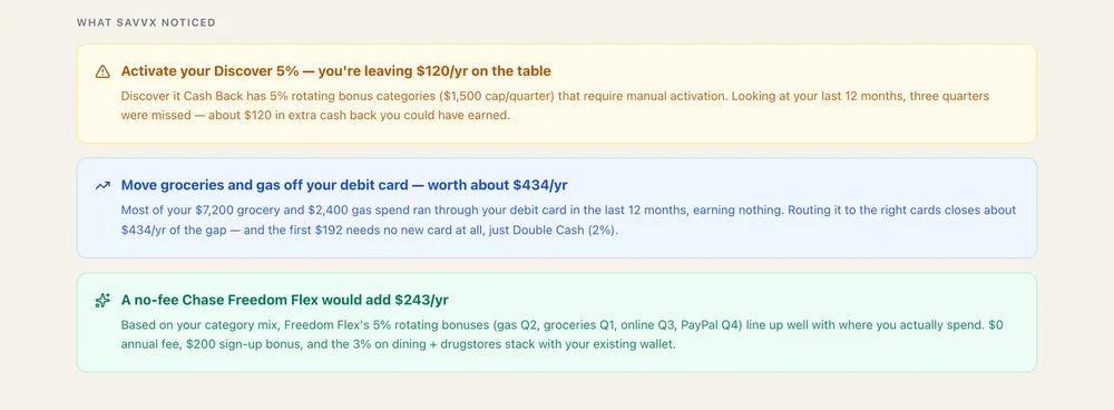 SavvX coaching callouts: missed 5% activation, debit spend earning nothing, one recommended no-fee addition