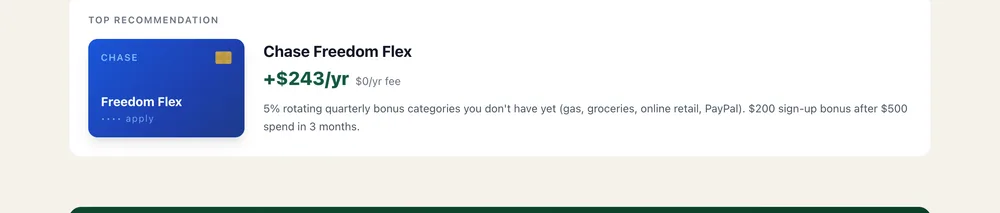 SavvX top recommendation: Chase Freedom Flex, +$243 per year, $0 annual fee