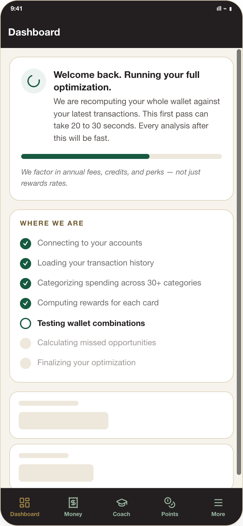 SavvX running a full wallet optimization: connecting accounts, loading transactions, categorizing spending, computing rewards for each card, testing wallet combinations