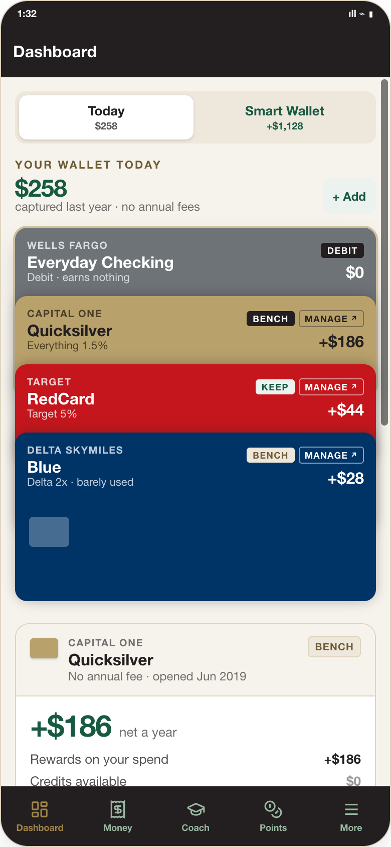 The wallet you carry today: four cards earning $258 a year, including a debit card earning nothing